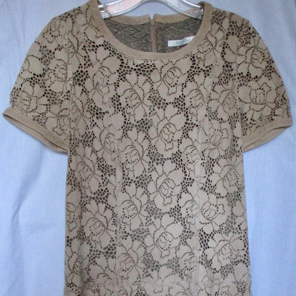 Beatrice B. Tan Leather Floral Pattern Short Sleeve Dress Size 6 US - Picture 1 of 11